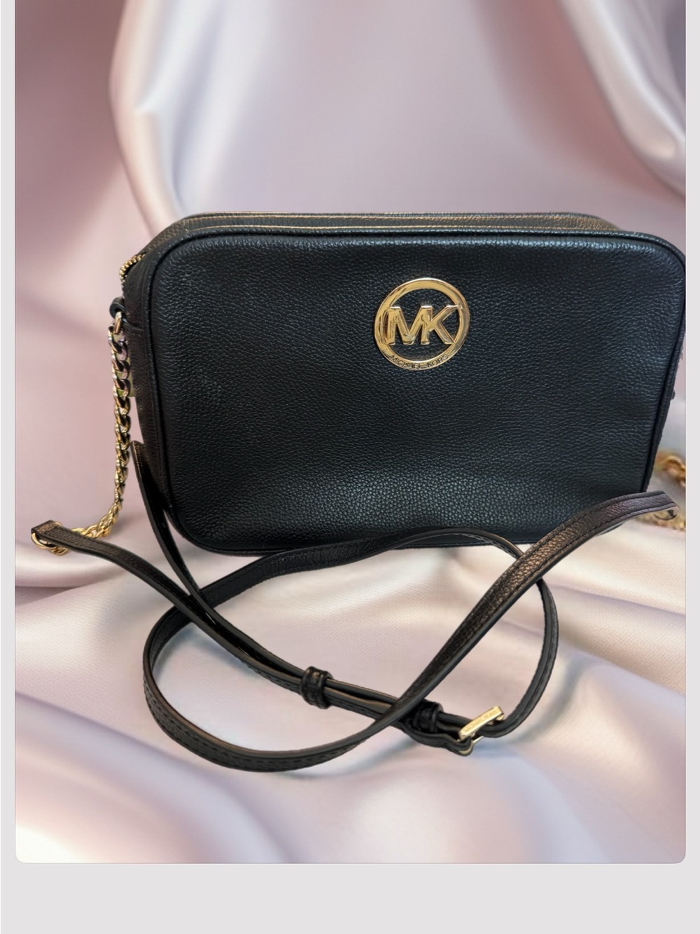 Michael Kors Black Pebbled Leather Crossbody with Gold MK Emblem